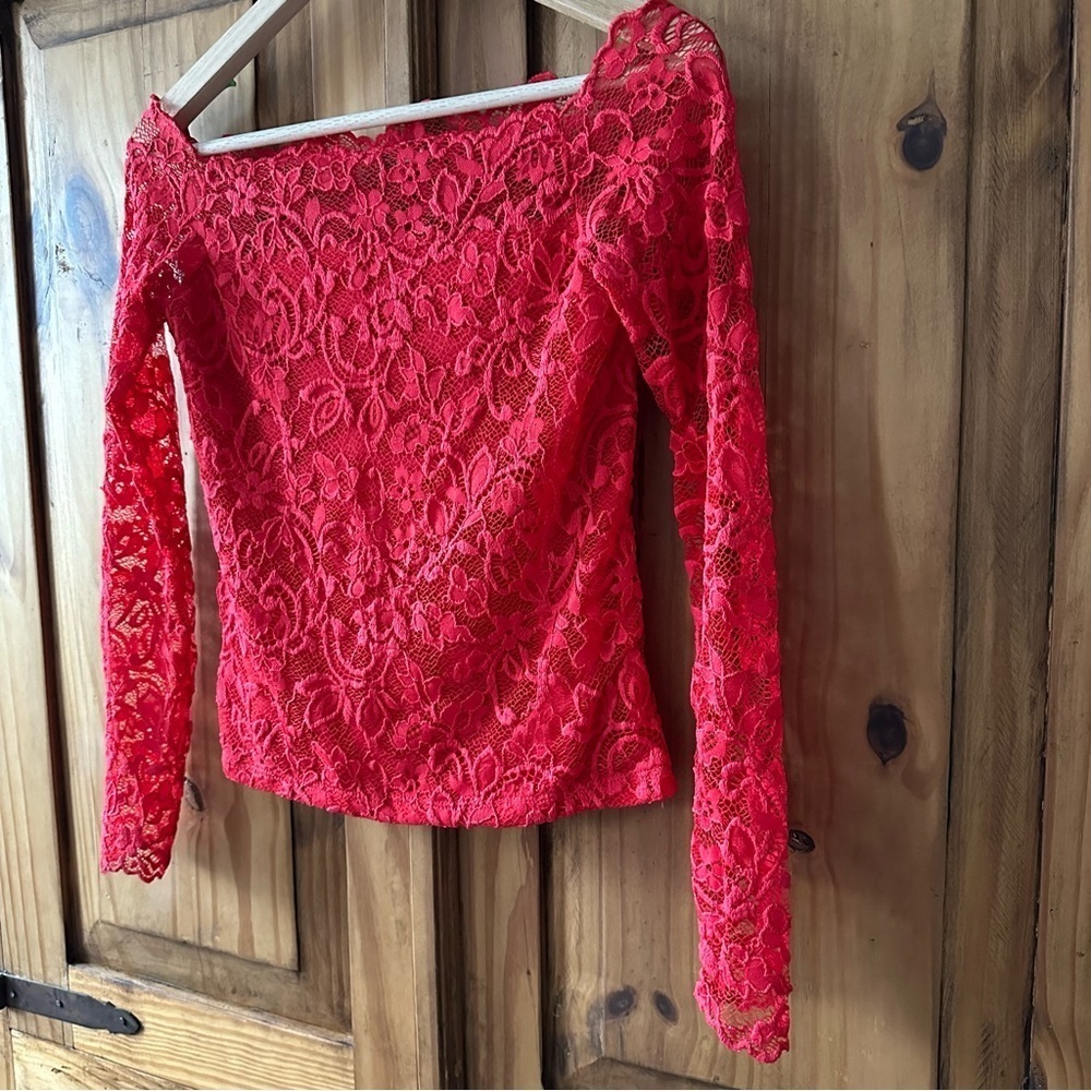 Red Lace Off Shoulder Stretchy Long Sleeve Top Boho Romantic Feminine